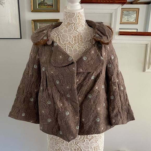 hanii y Jackets & Blazers - HANII Y Wool Blend Brown Embroidered Jacket Blazer Fur Collar